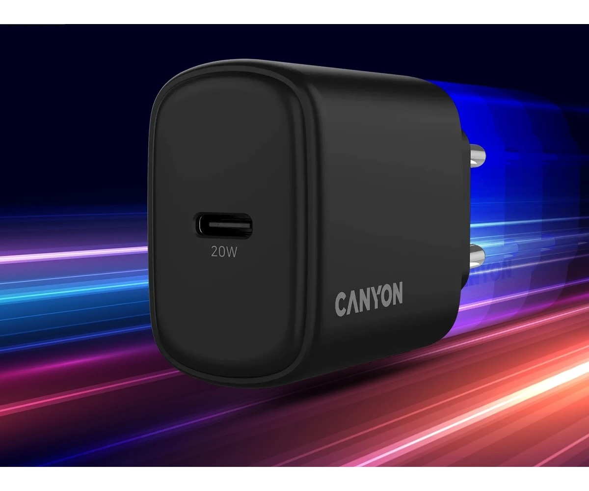 Czarna ładowarka sieciowa Canyon 20W USB-C na tle kolorowych pasów świetlnych.