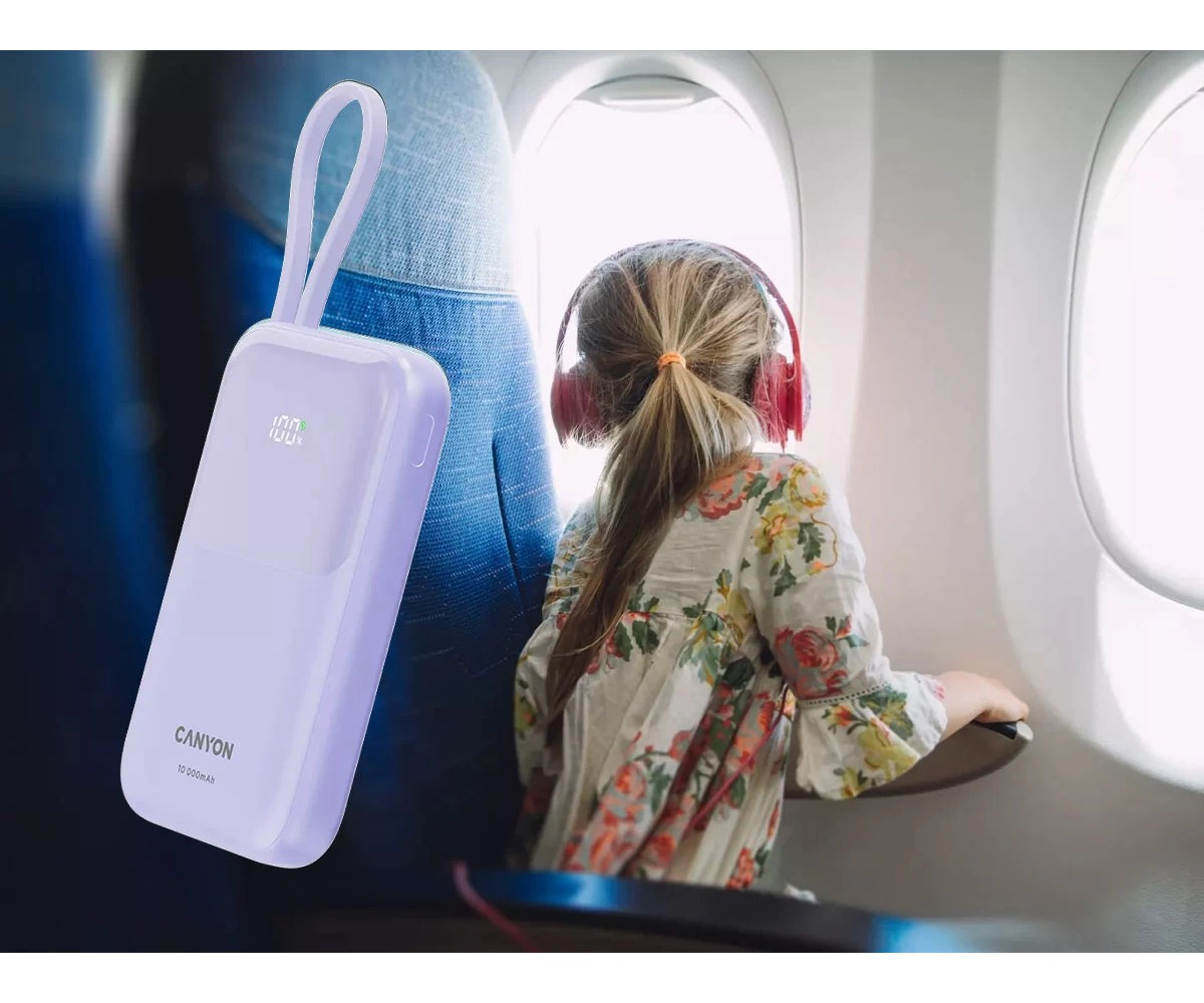 Fioletowy powerbank Canyon na pierwszym planie, a w tle dziewczynka patrząca przez okno.