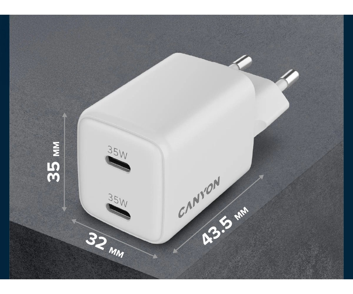 Biała ładowarka sieciowa Canyon z dwoma portami USB-C o wymiarach 35x32x43,5 mm na szarym tle.