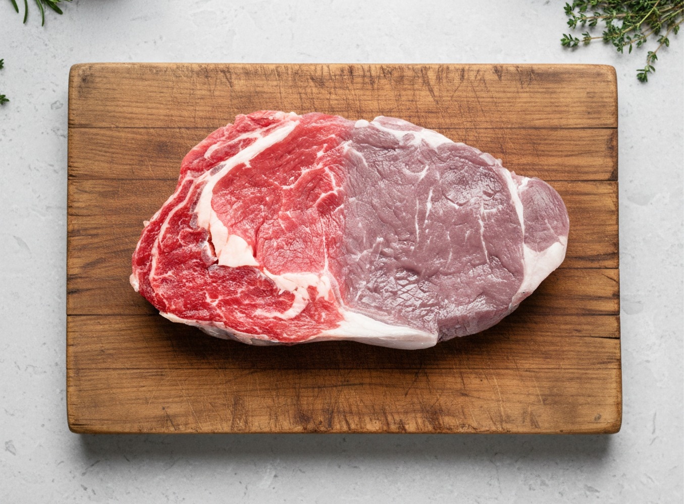 Surowy stek ribeye leży na drewnianej desce, obok świeże zioła na jasnoszarym blacie.