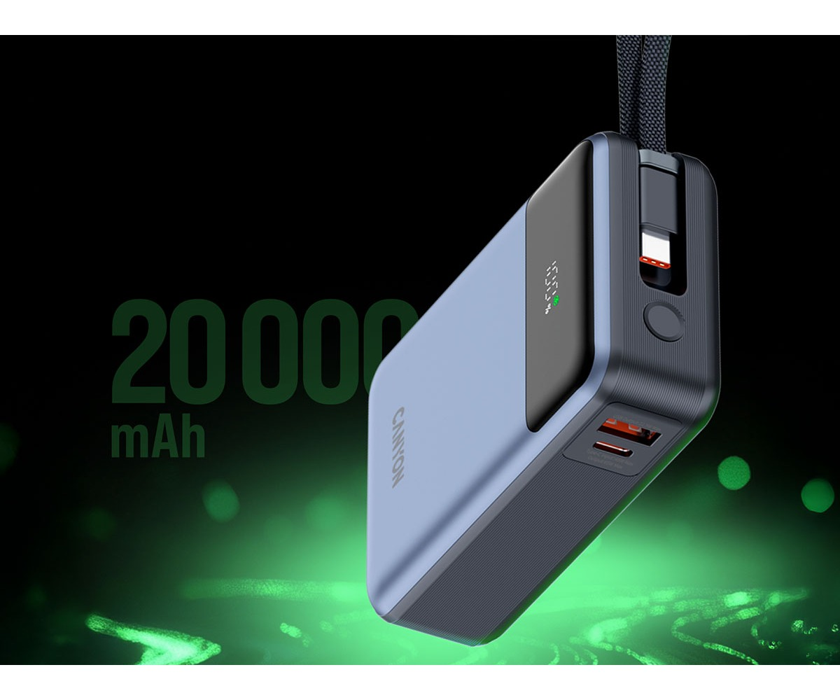 Niebieski powerbank o pojemności 20000 mAh z wbudowanymi kablami na zielonym tle.