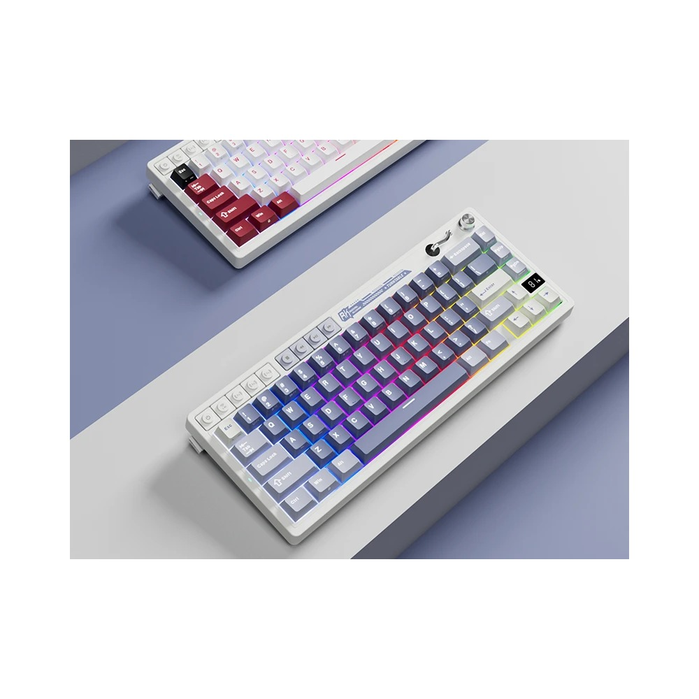 Biała klawiatura mechaniczna z fioletowymi klawiszami i podświetleniem RGB.
