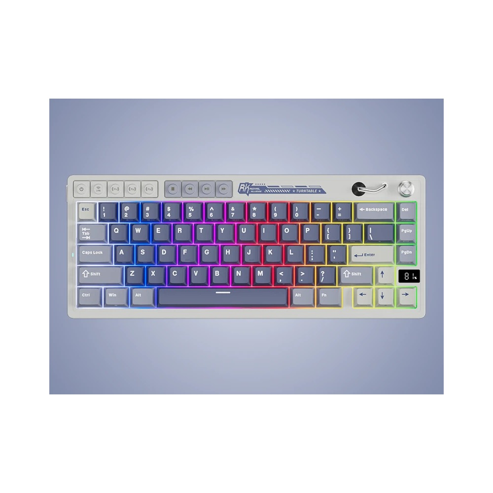 Biała klawiatura mechaniczna z podświetleniem RGB, pokrętłami i małym ekranem wyświetlacza.