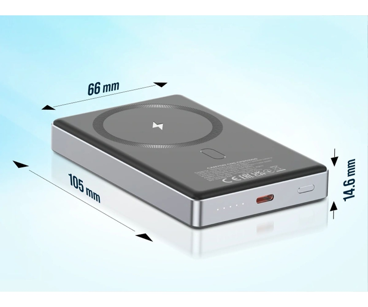 Szary powerbank z bezprzewodową stacją ładującą i wymiarami 105 x 66 x 14.6 mm na jasnym tle.