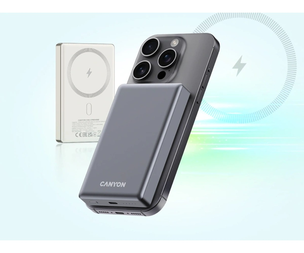 Szary powerbank jest przymocowany magnetycznie z tyłu szarego smartfona, z białym modelem w tle.