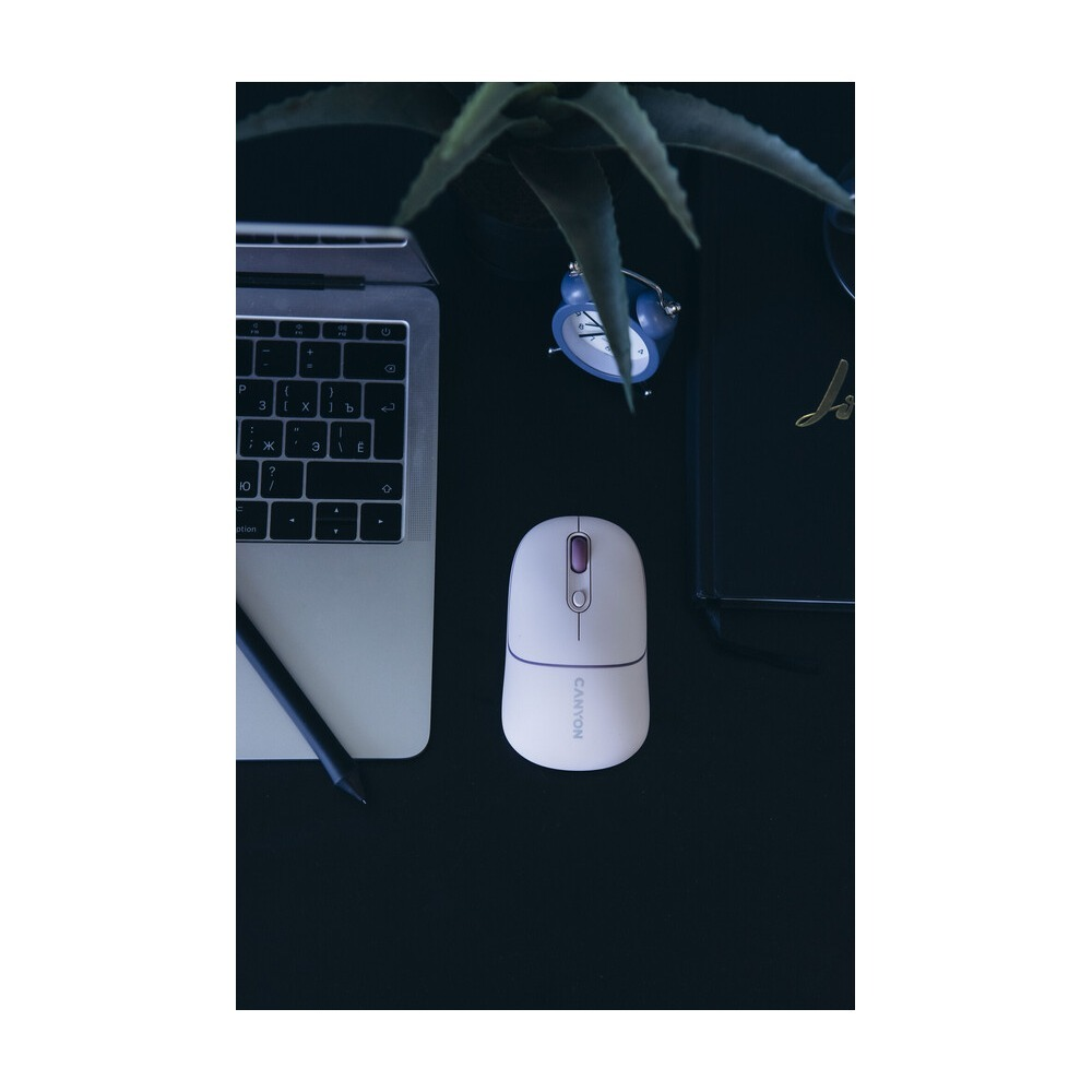 A top-down view of a dark desk with a white wireless mouse, a laptop, a pen, a small blue clock, and a plant.