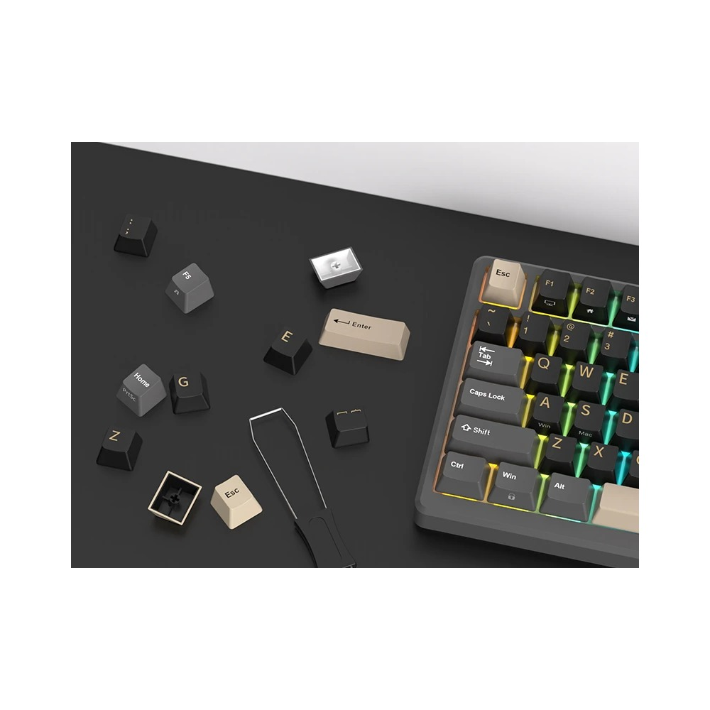 Un teclado mecánico con retroiluminación RGB, junto con teclas individuales y un extractor de teclas sobre fondo oscuro.