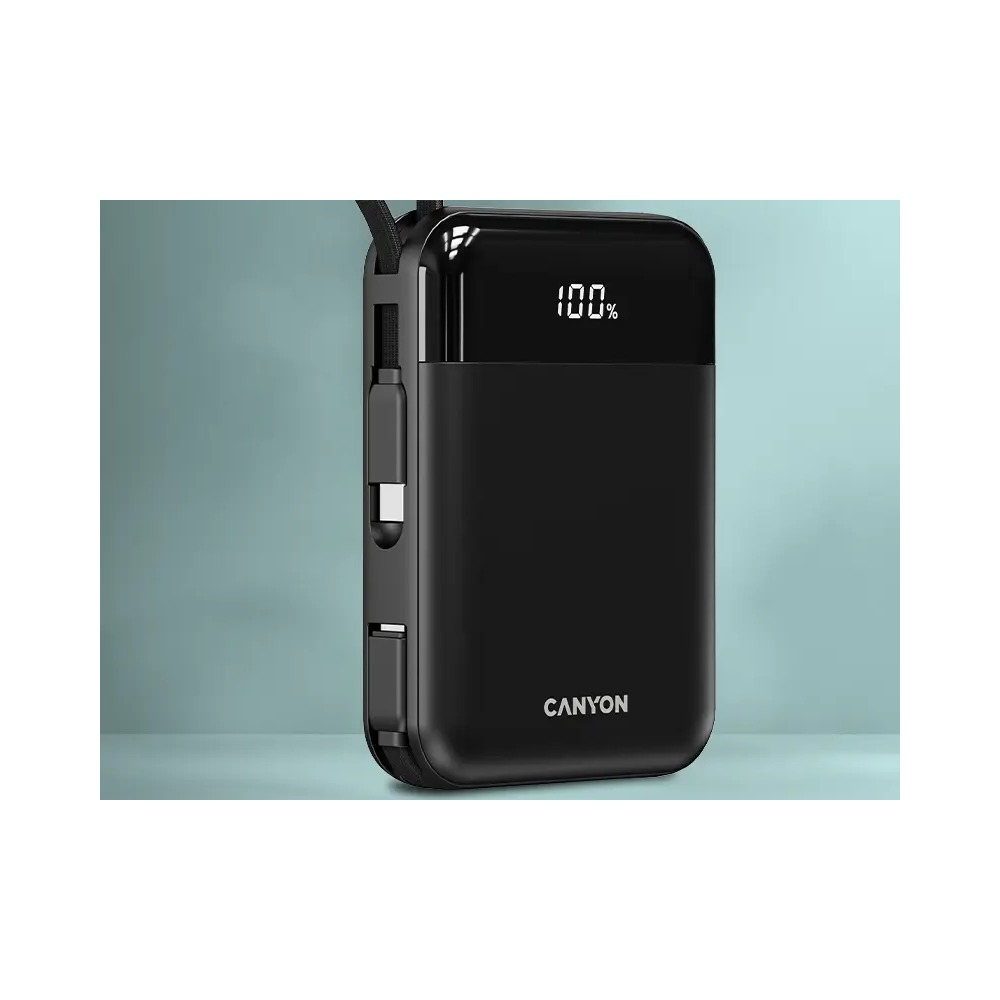 Czarny powerbank Canyon z cyfrowym wyświetlaczem pokazującym 100% na niebieskim tle.