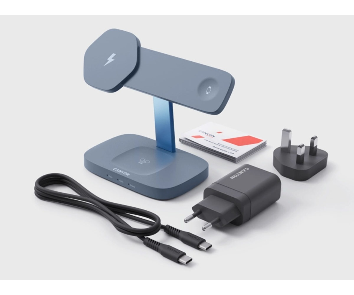Niebieska ładowarka 3 w 1 z kablem USB, zasilaczem, wtyczką i instrukcjami na białym tle.