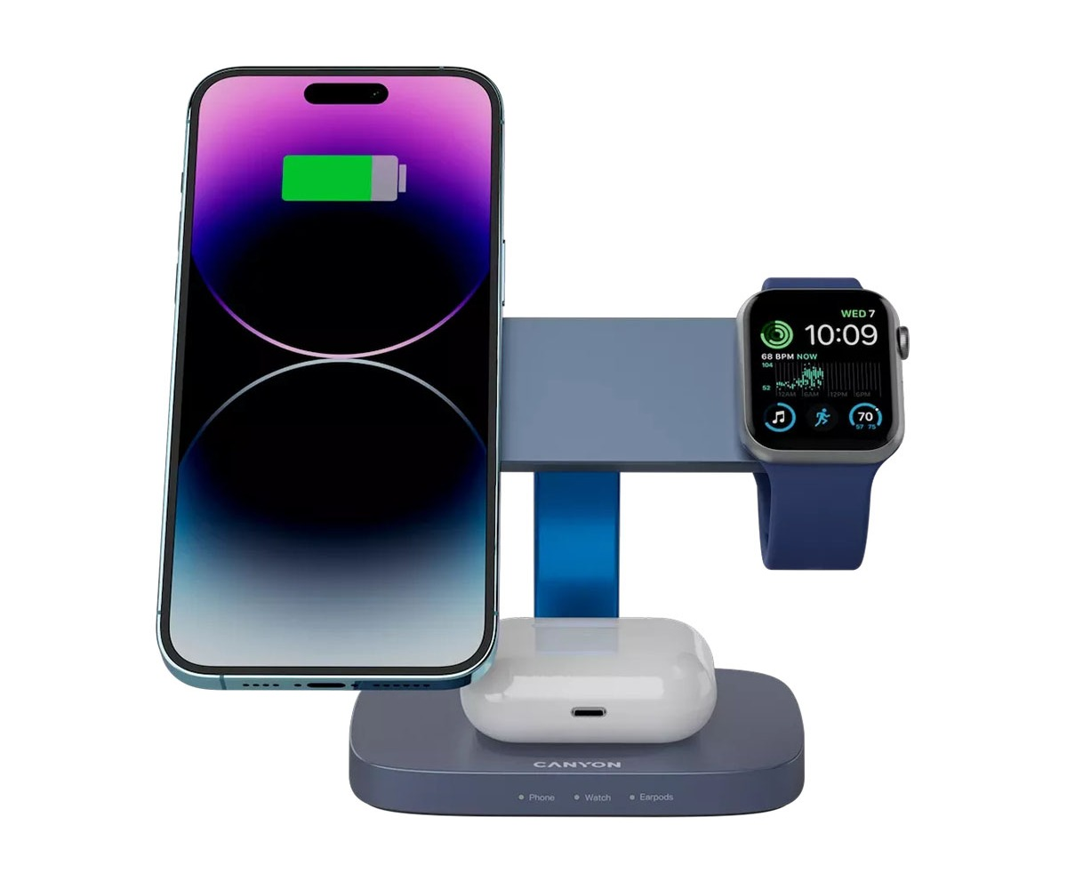 Niebieska stacja ładująca jednocześnie ładuje smartfon, smartwatch i słuchawki douszne.