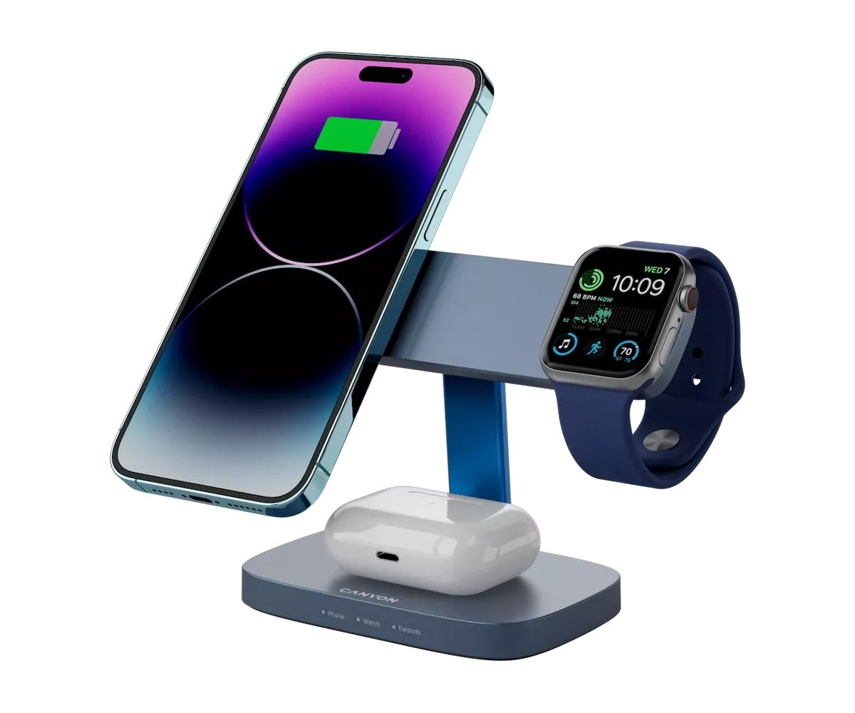 Niebieski stojak ładujący trzyma smartfon, smartwatch i bezprzewodowe słuchawki.