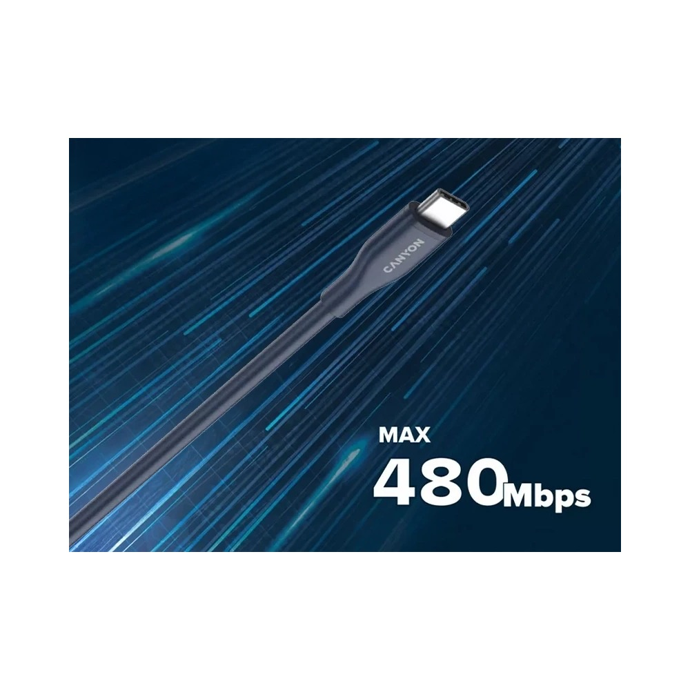Szary kabel USB-C Canyon na niebieskim tle z liniami ruchu i napisem MAX 480 Mbps.