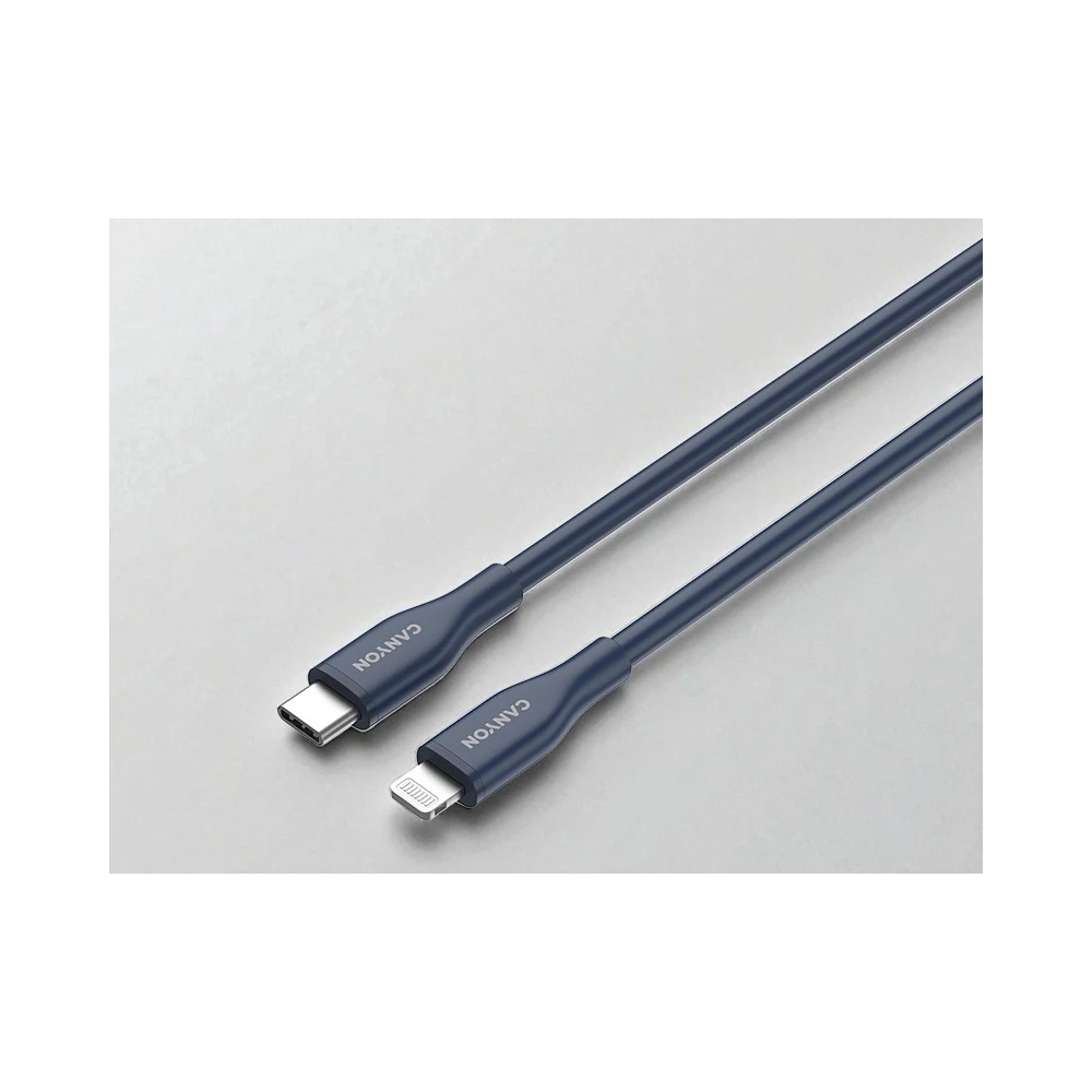 Niebieski kabel USB-C do Lightning na szarym tle.