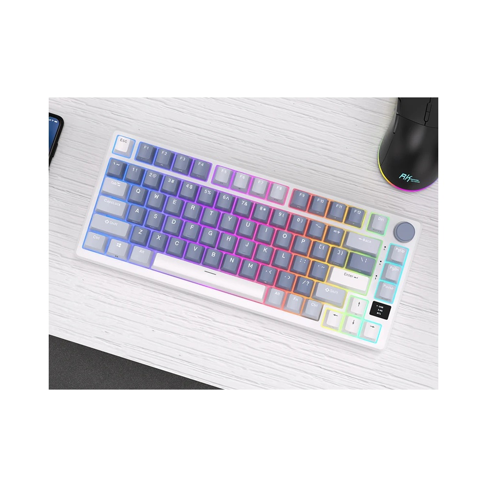 Teclado compacto blanco con retroiluminación arcoíris y ratón negro en un escritorio.