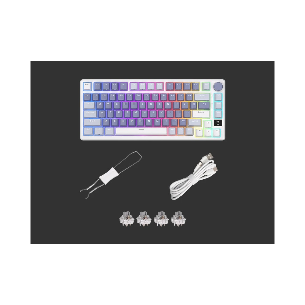 Teclado mecánico blanco con luz RGB, extractor, cable USB y cuatro interruptores de repuesto en fondo oscuro.