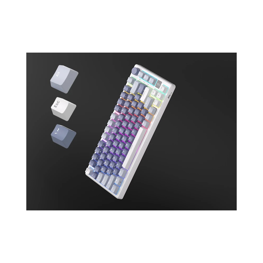 Un teclado mecánico blanco con retroiluminación RGB y tres teclas separadas a la izquierda sobre fondo oscuro.