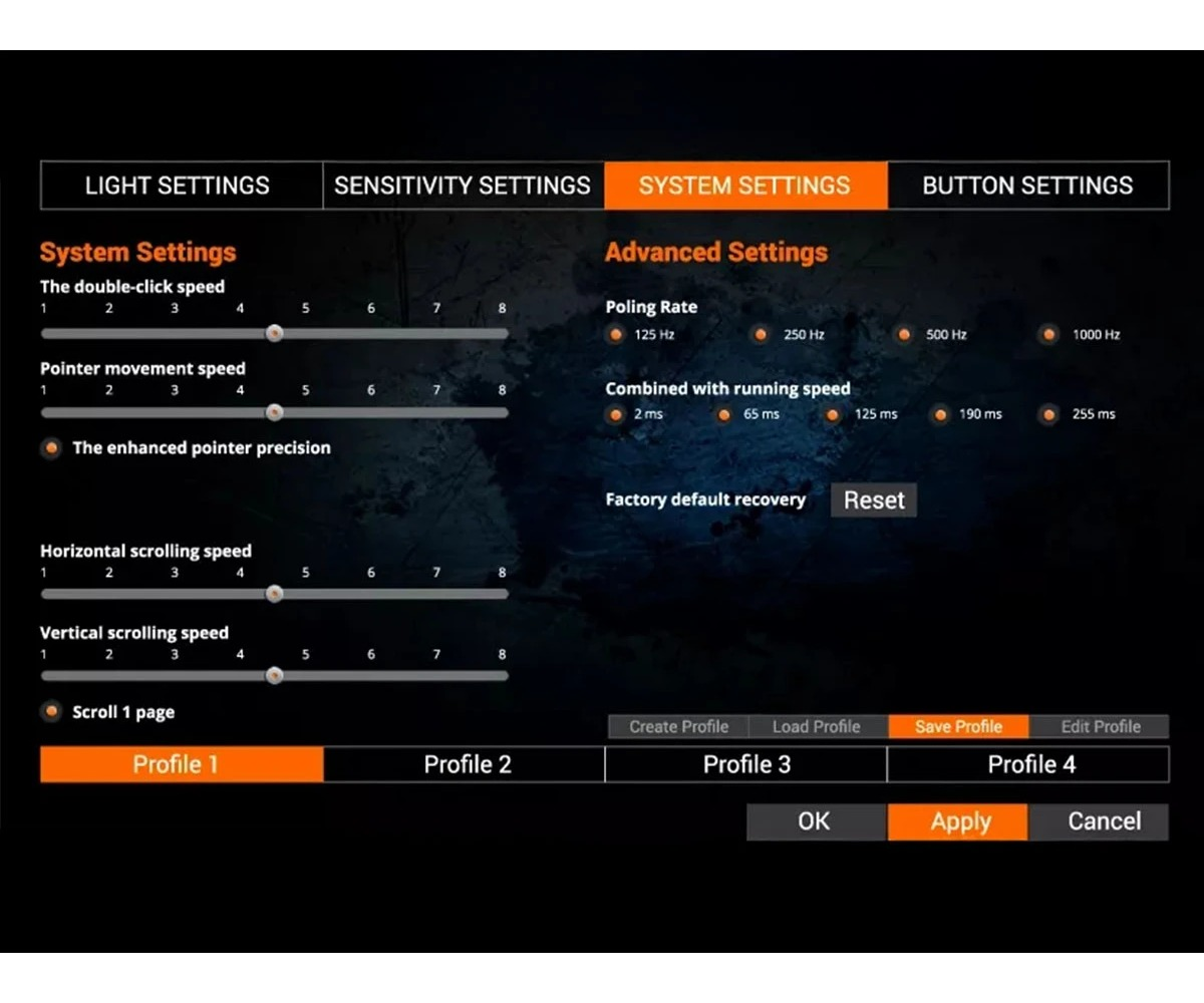 Menú de configuración del sistema con controles deslizantes de velocidad y opciones de perfil.