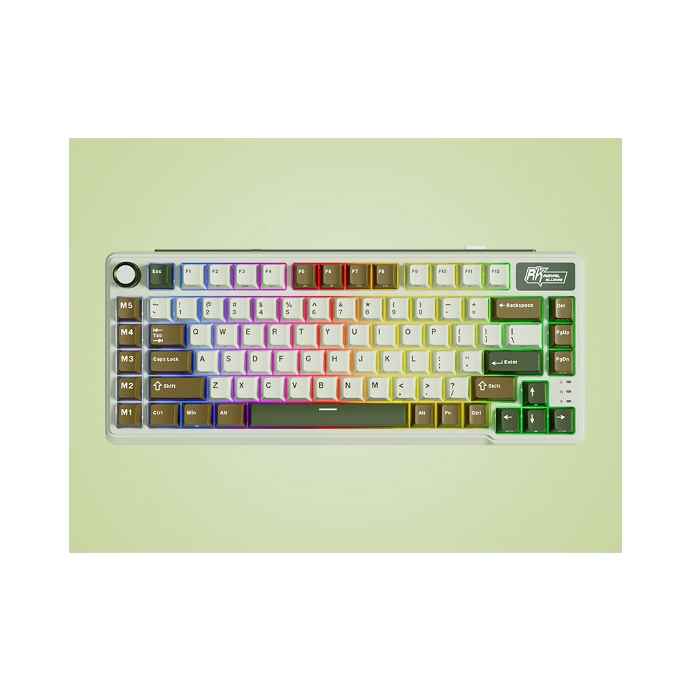Kompaktowa mechaniczna klawiatura RGB z brązowymi i białymi klawiszami, pokrętłem głośności i zielonym tłem.