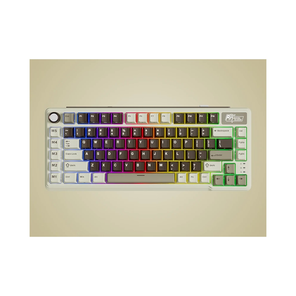 Biała klawiatura mechaniczna z nasadkami klawiszy w stylu retro i żywym podświetleniem RGB na neutralnym tle.
