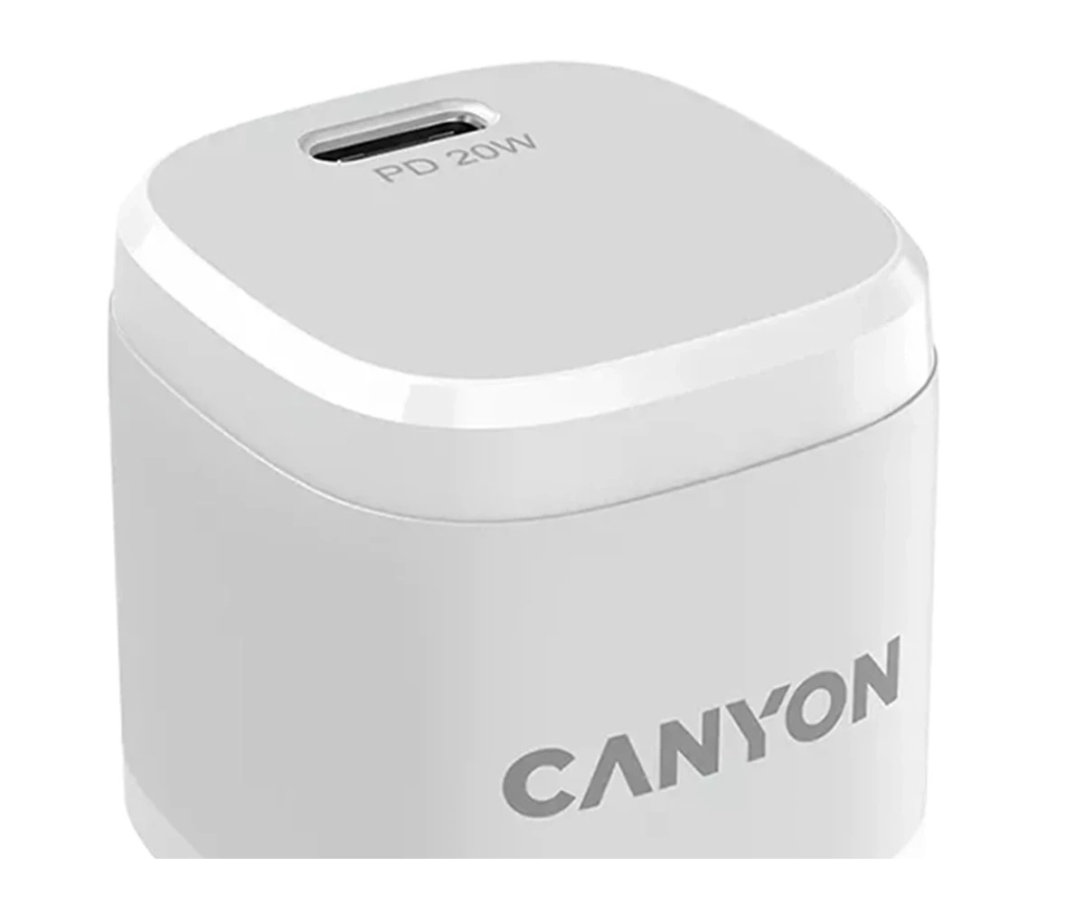 Biała ładowarka sieciowa Canyon 20W USB-C PD na białym tle.