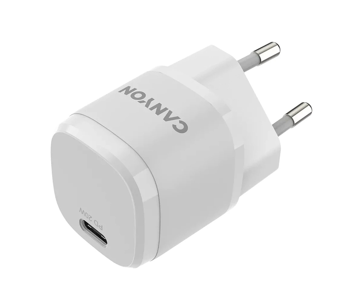 Biała ładowarka sieciowa USB-C marki Canyon z wtyczką UE.