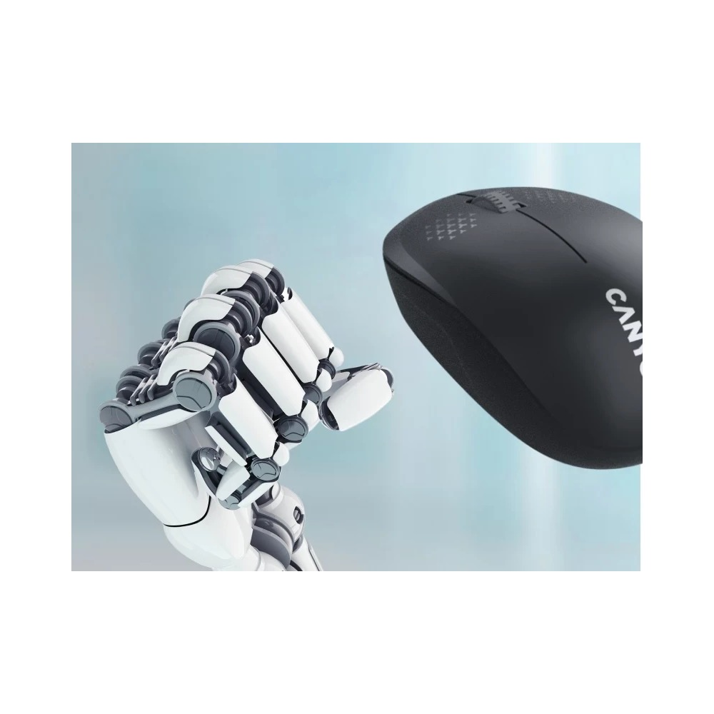 Biała ręka robota sięga po czarną myszkę komputerową na niebieskim tle.