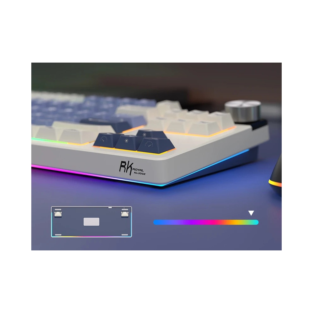 Biała klawiatura do gier Royal Kludge z podświetleniem RGB na niebieskim tle.