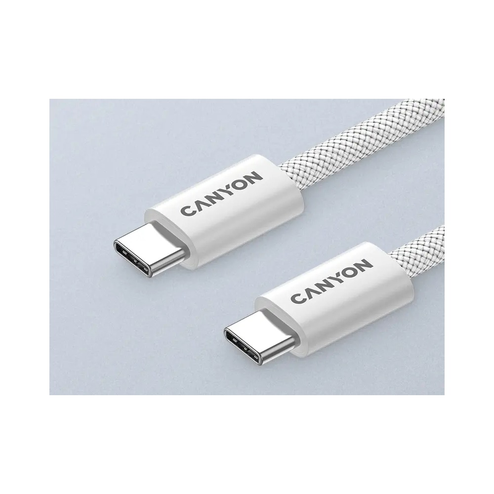 Dwa białe kable USB-C marki Canyon w oplatanej osłonie na jasnym tle.