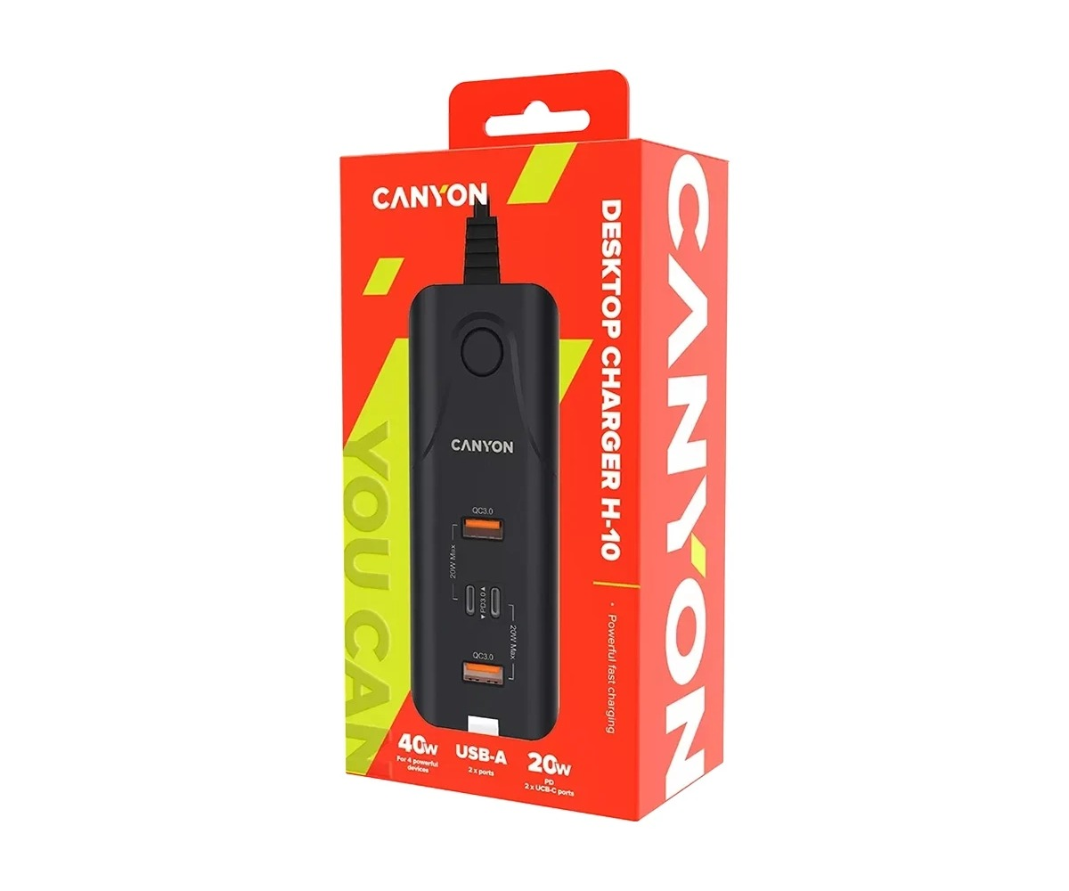Czerwono-pomarańczowe pudełko ładowarki biurkowej Canyon z czarną ładowarką.