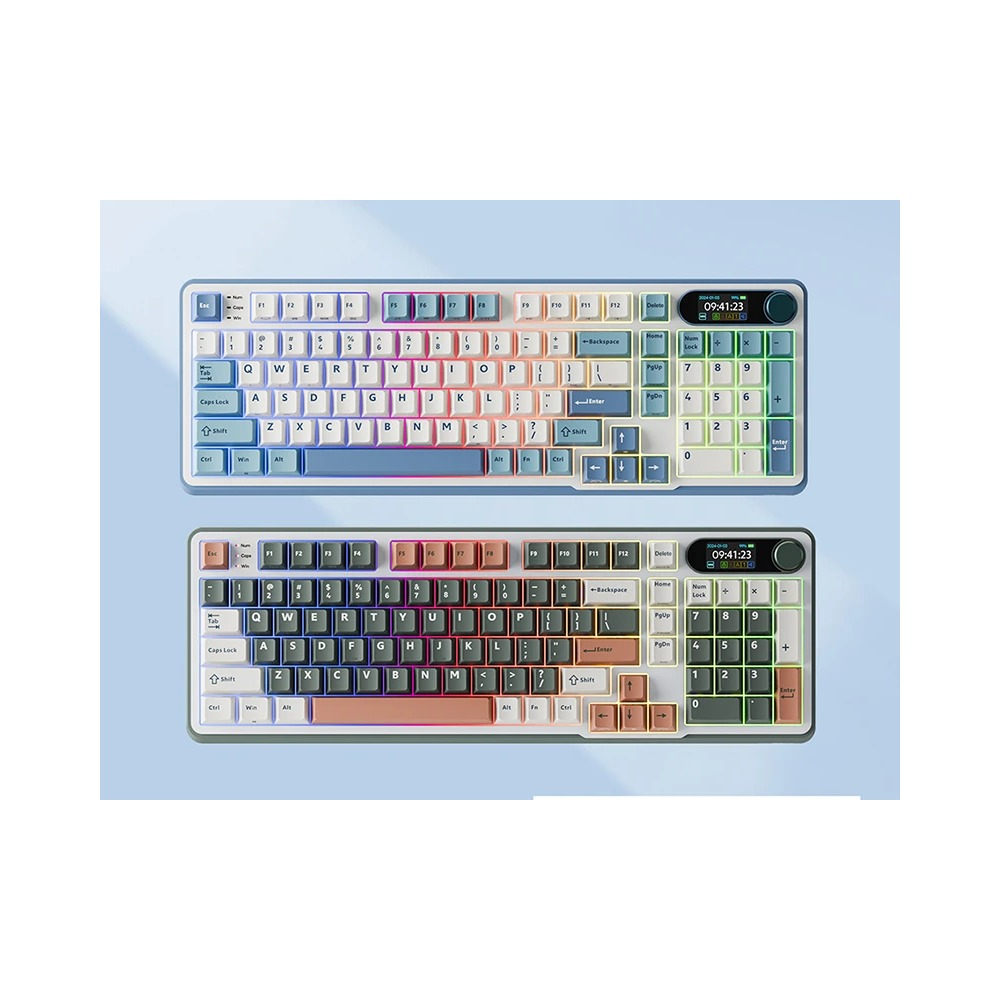 Dwie klawiatury mechaniczne z podświetleniem RGB, wyświetlaczem i klawiaturą numeryczną na jasnym tle.