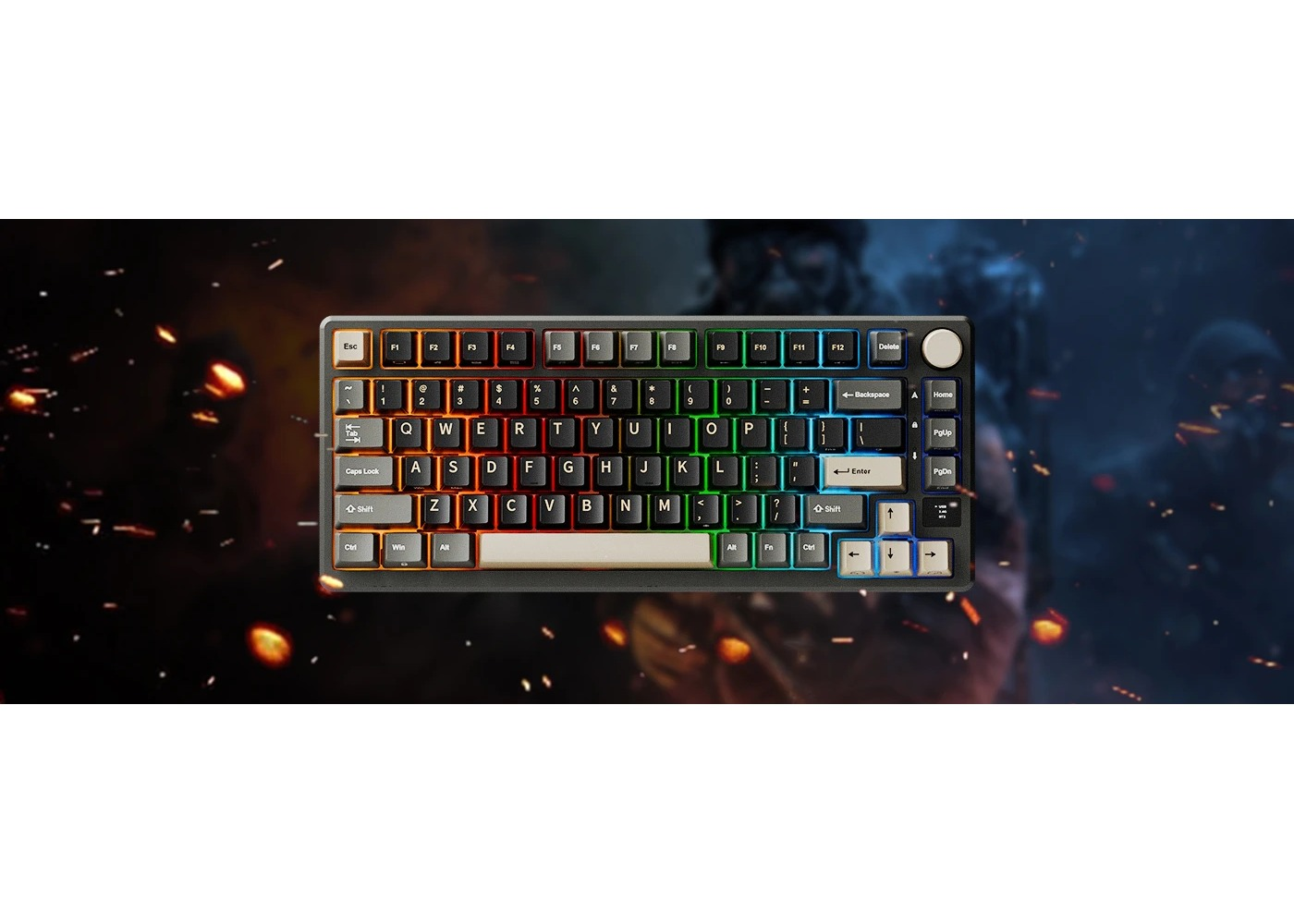 Un teclado mecánico para juegos con retroiluminación RGB sobre un fondo oscuro y ardiente.