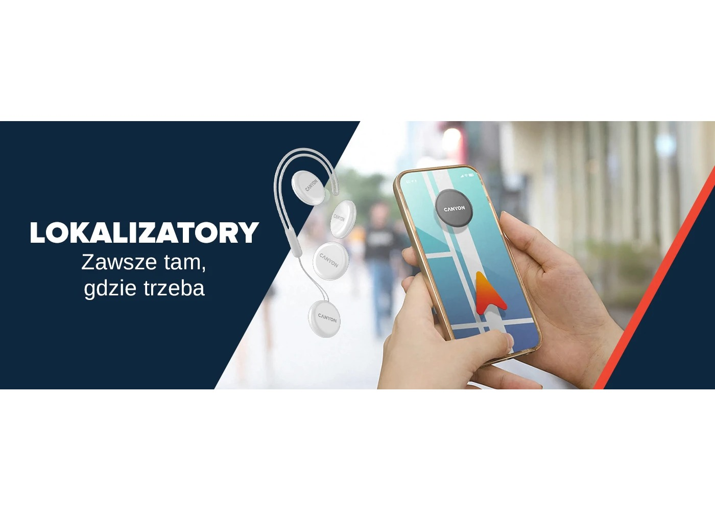Smartfon z aplikacją lokalizacyjną w dłoniach, obok lokalizatory Canyon i tekst.
