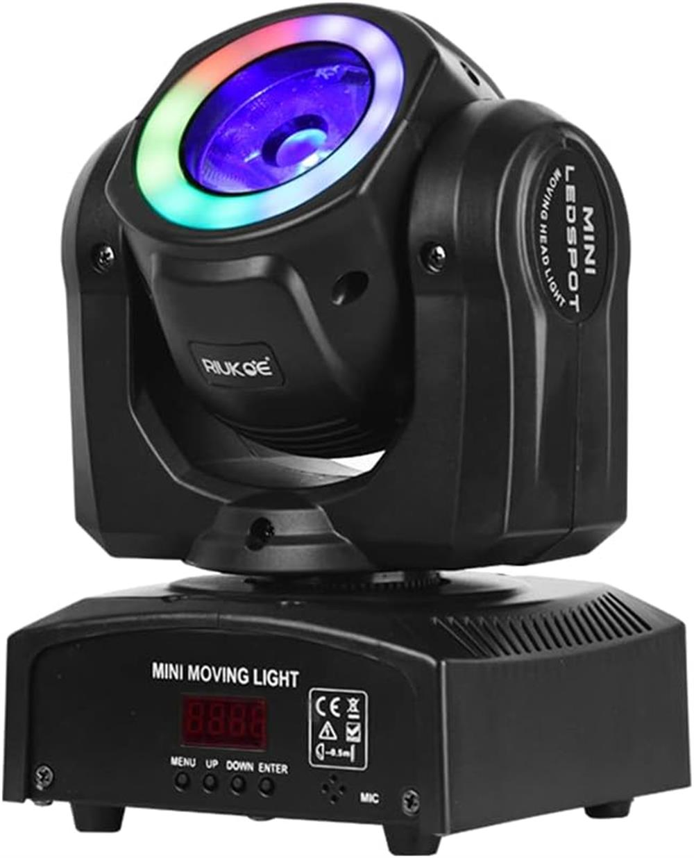 Beyaz arka planda renkli halkalı ve tabanda kontrol paneline sahip siyah mini LED hareketli kafa lambası.