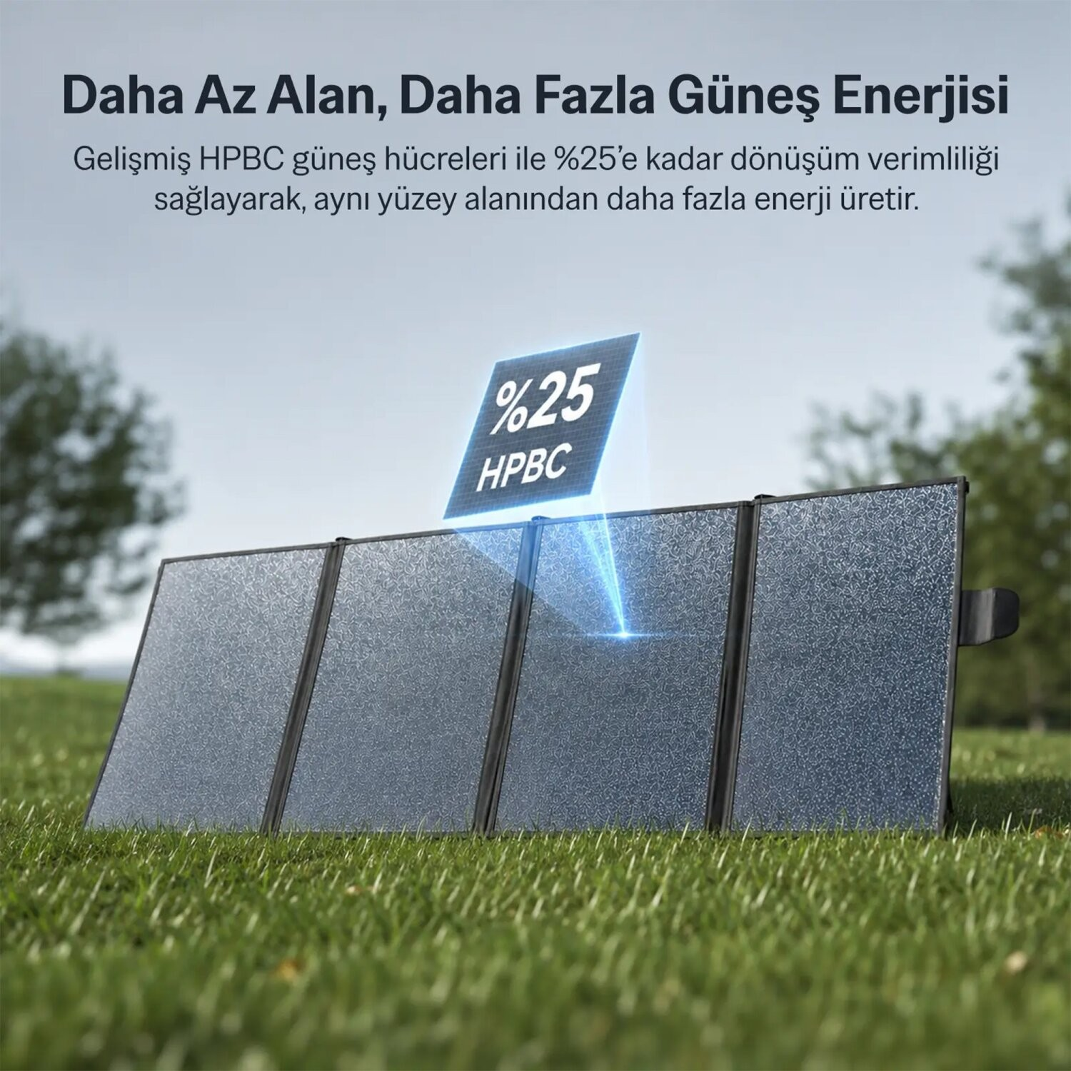 Yeşil çimler üzerinde %25 verimlilik vurgulayan grafikli katlanabilir güneş paneli ve Türkçe tanıtım yazısı.