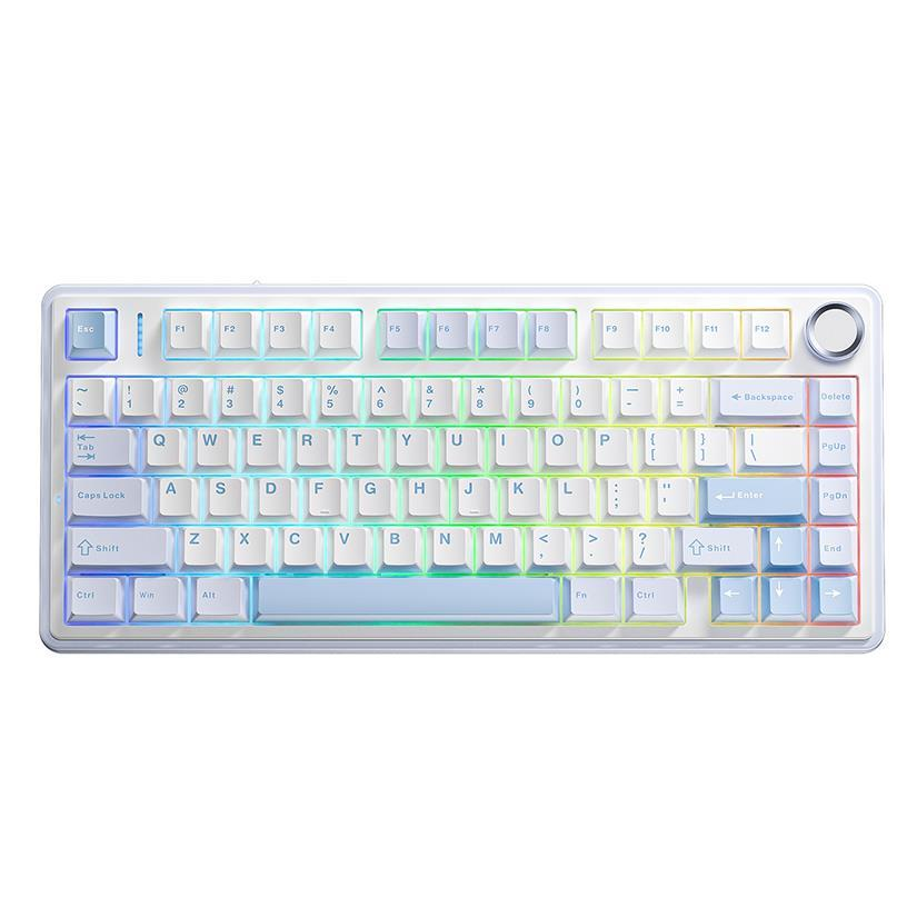 Renkli RGB arka aydınlatmalı, beyaz ve mavi tuş kapaklı ve ses düğmeli beyaz bir mekanik klavye.
