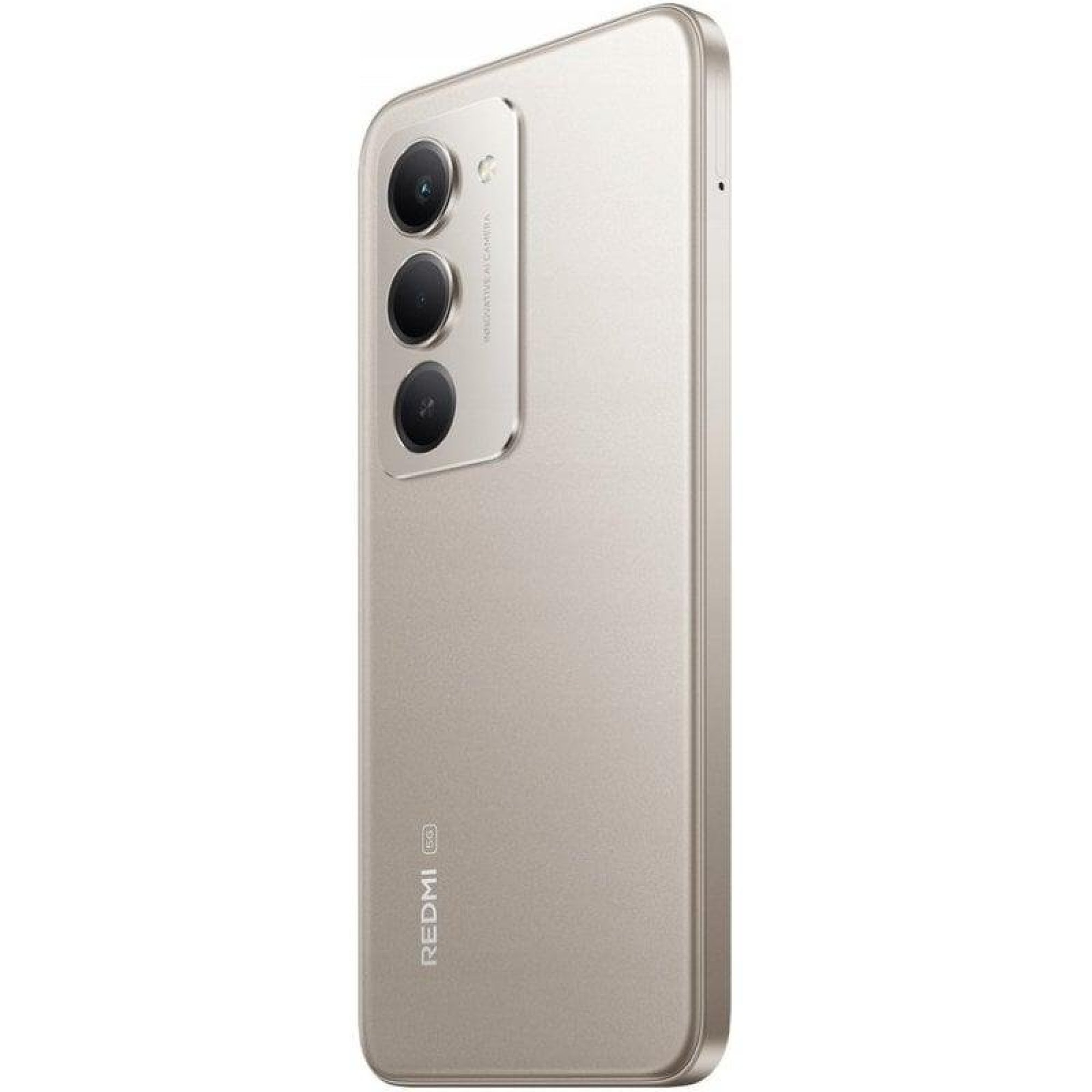 Goldfarbenes Redmi-Smartphone mit Rückseite, vertikaler Dreifach-Kamera und Redmi-Logo.