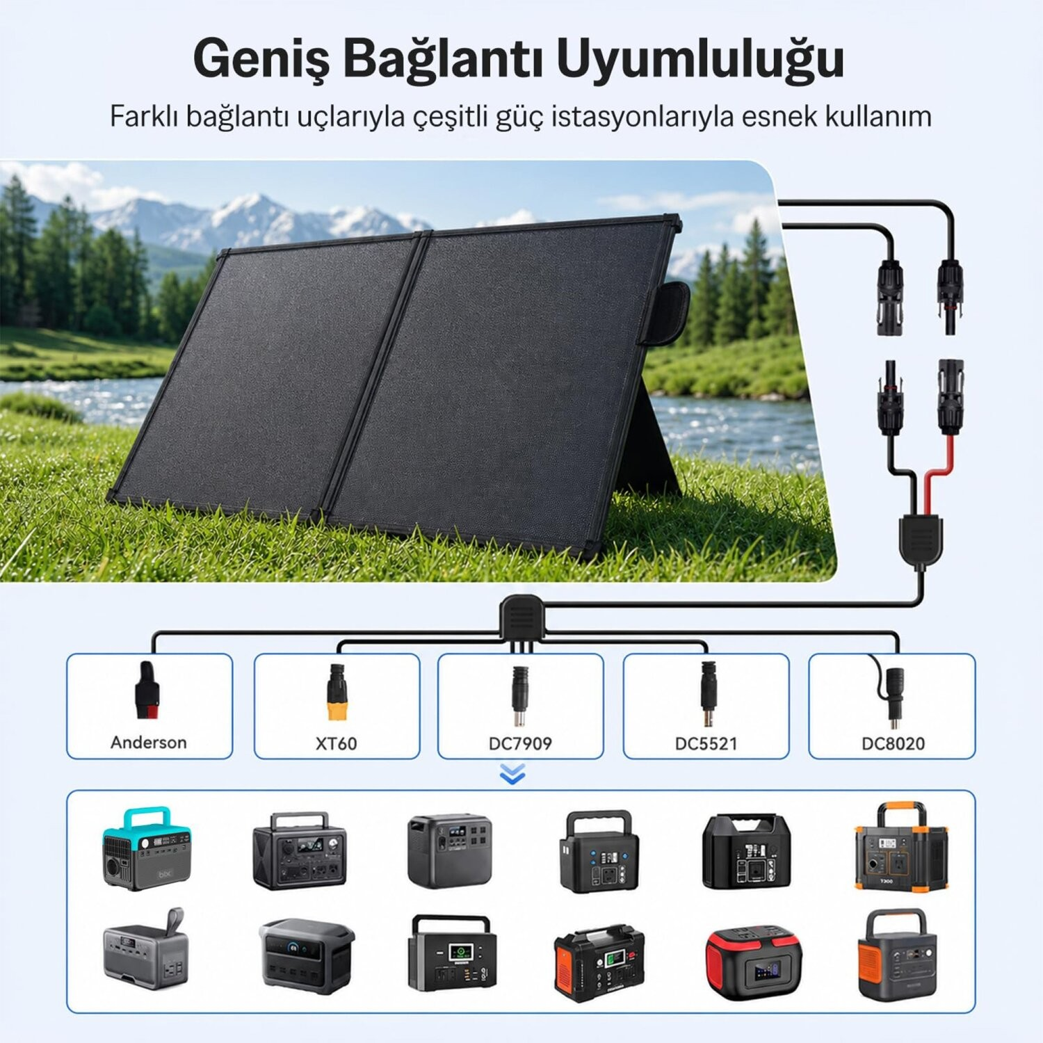 Çim alanda, çeşitli güç istasyonu konnektörlerine sahip taşınabilir solar panel.
