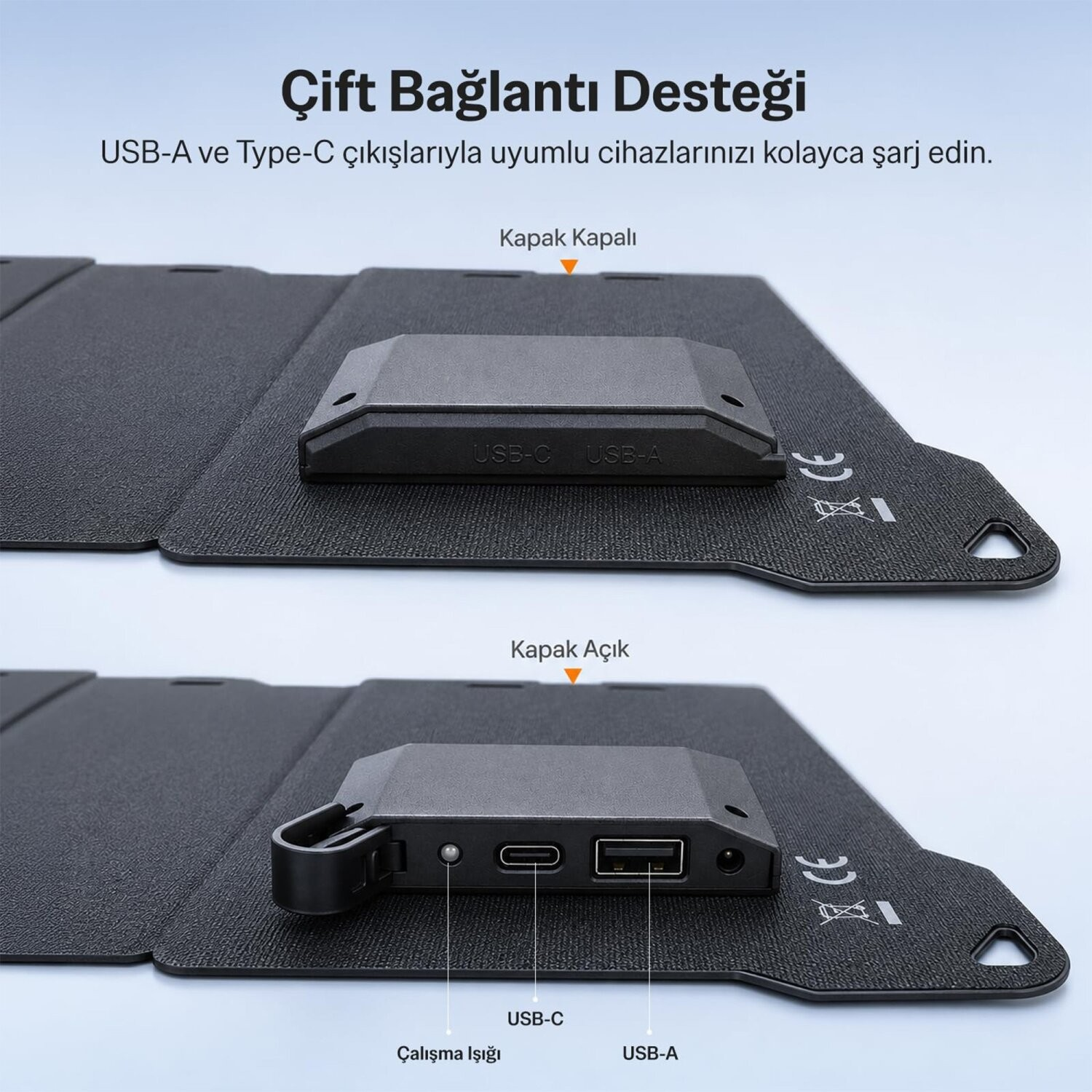 Kapalı ve açık kapaklı USB-C ve USB-A çıkışlarına sahip güneş paneli.
