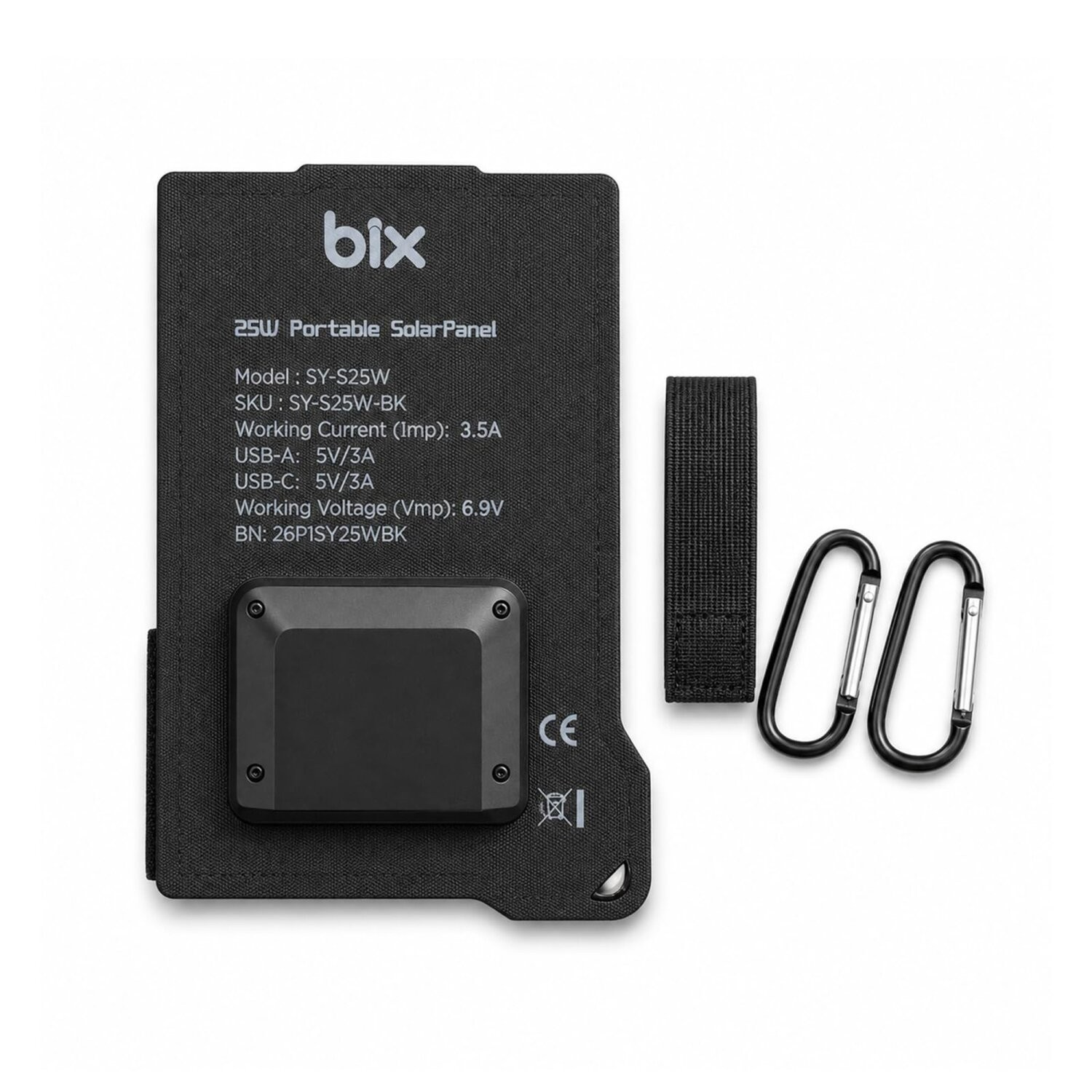 Teknik özellikler, bir kayış ve iki karabina içeren siyah Bix 25W taşınabilir güneş paneli.