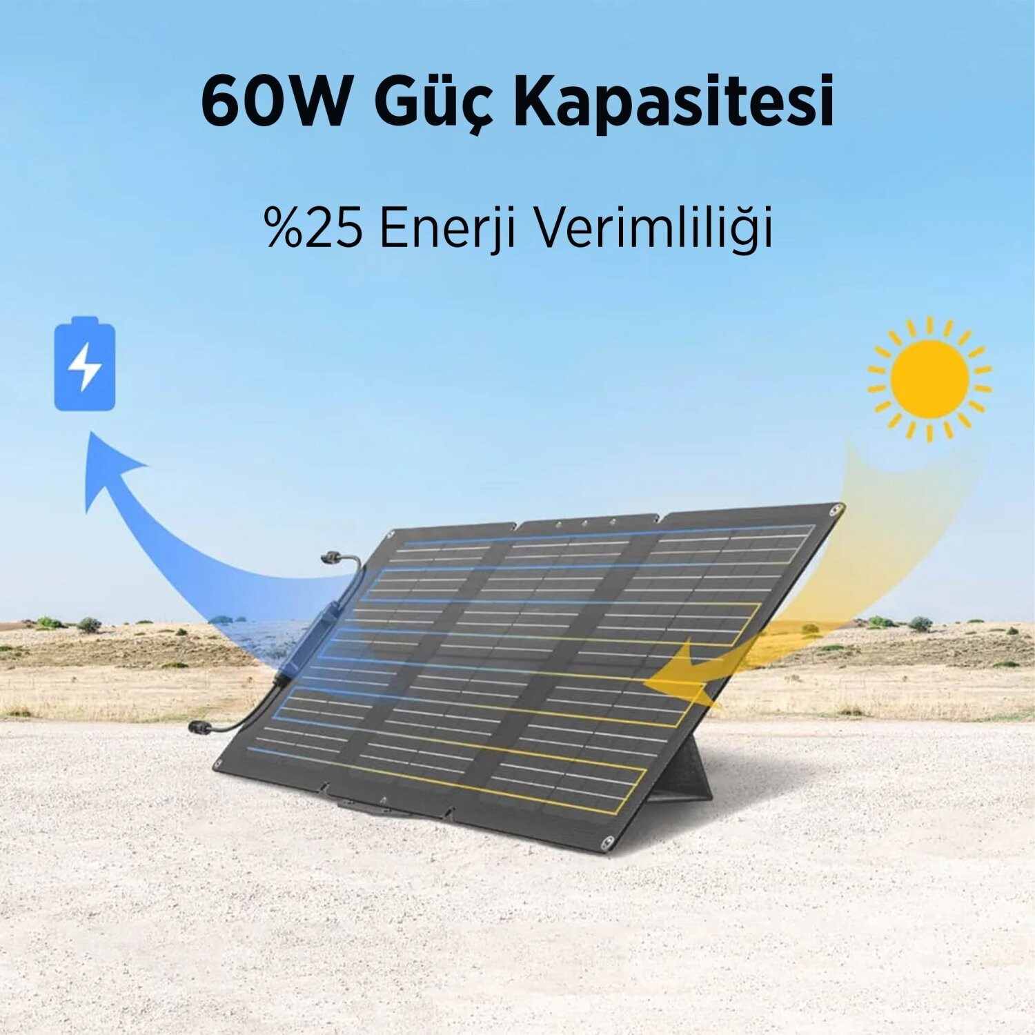 Yerde duran ve güneş ışığını akü gücüne dönüştüren taşınabilir güneş paneli.