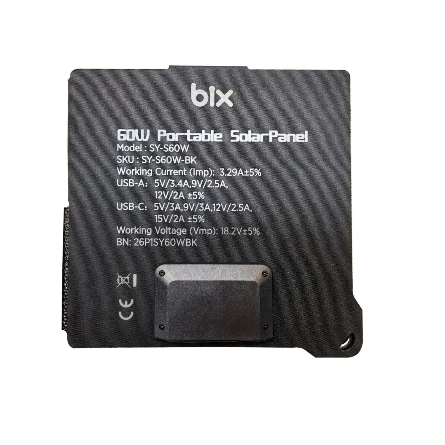 Teknik özellikleri ve küçük bir bağlantı kutusu gösteren siyah Bix 60W taşınabilir güneş panelinin arkası.