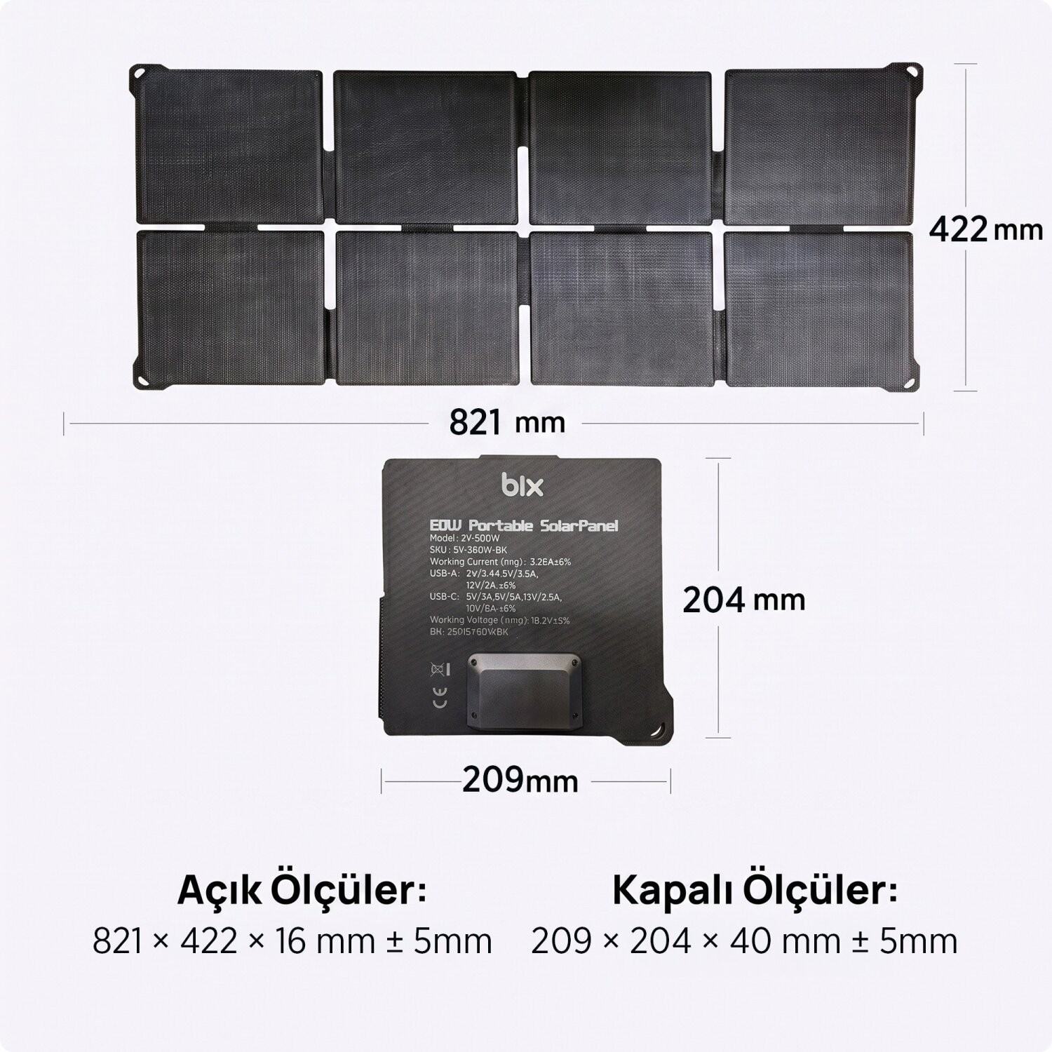 Beyaz arka planda açık boyutu 821x422mm ve katlanmış boyutu 209x204mm olan taşınabilir güneş paneli boyut tablosu.