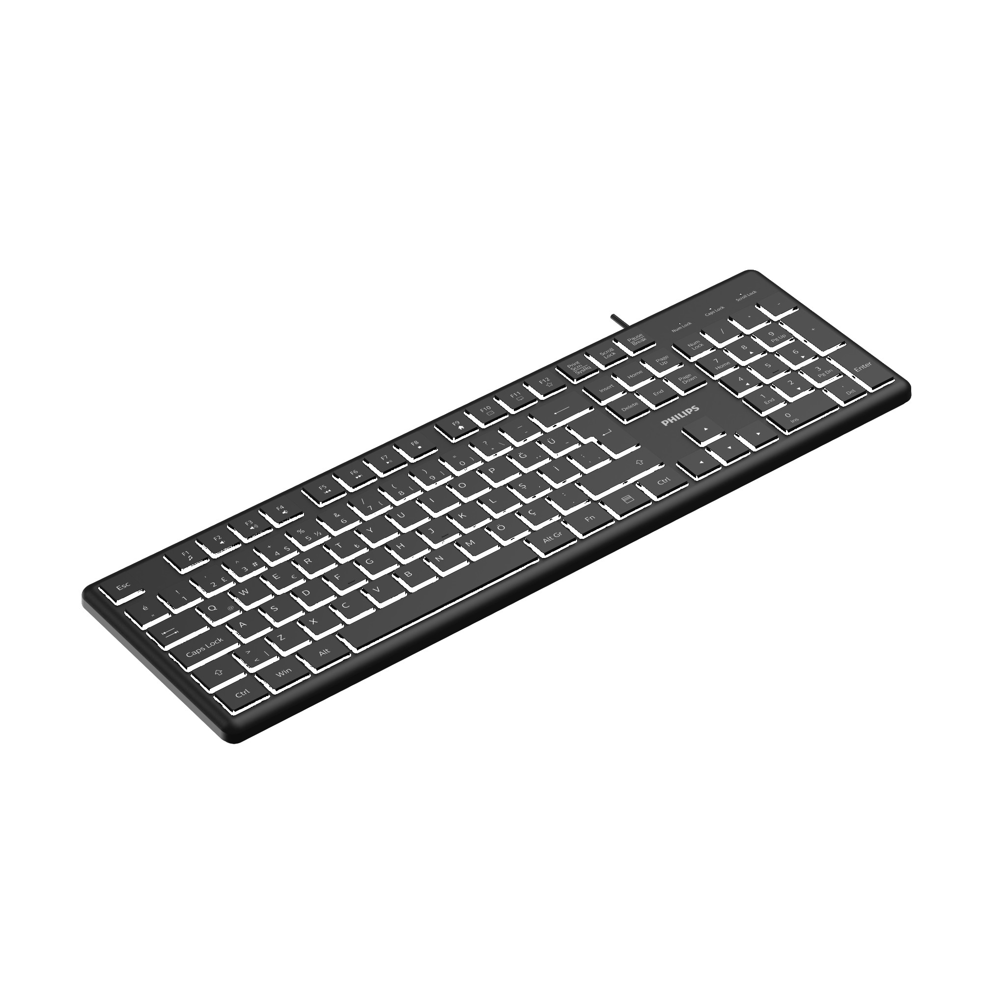 Beyaz arka plan üzerinde beyaz arka aydınlatmalı siyah bir Philips klavye.