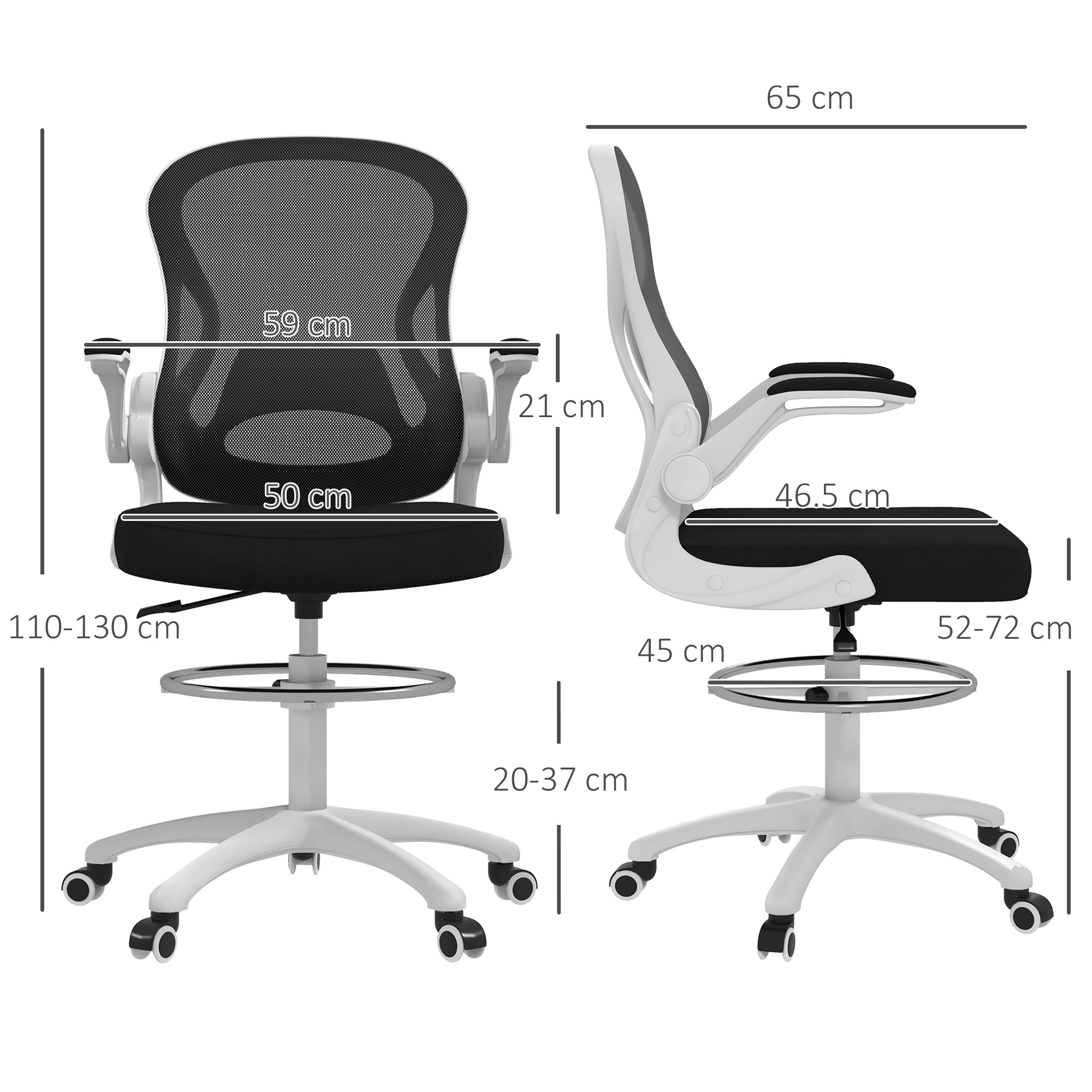 Disegno tecnico di una sedia da ufficio ergonomica con dimensioni in centimetri, viste frontale e laterale.