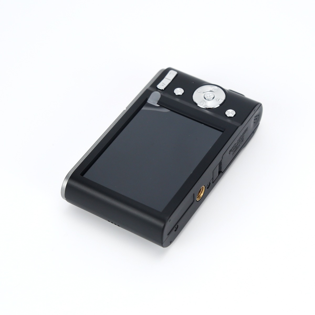 A compact black digital camera with a screen lies on a white background.