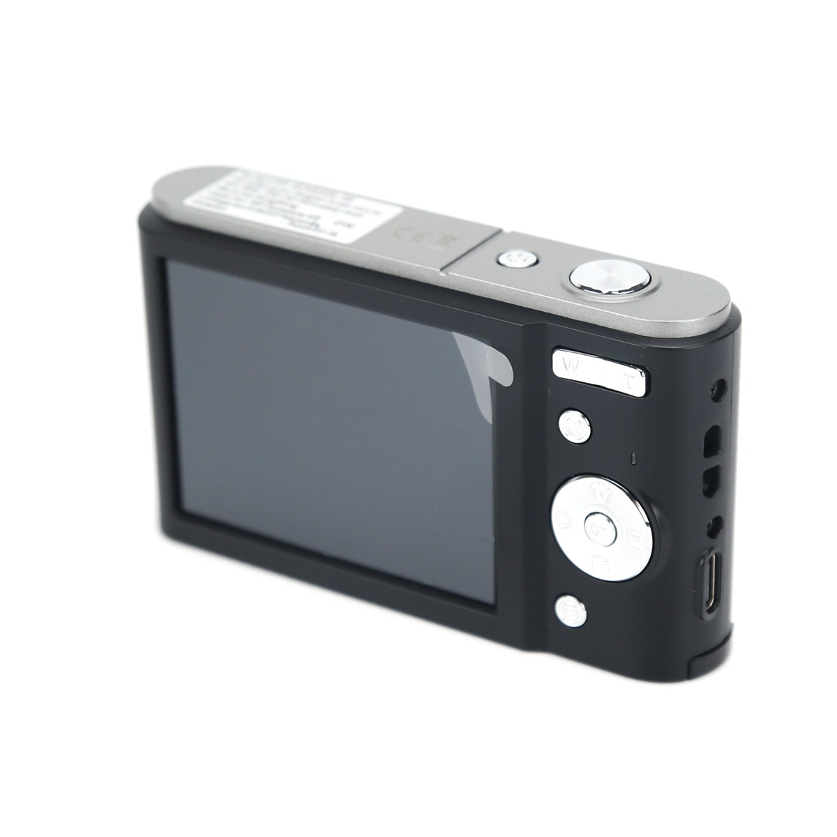 A black digital camera with a silver top, screen on the back, and control buttons against a white background.