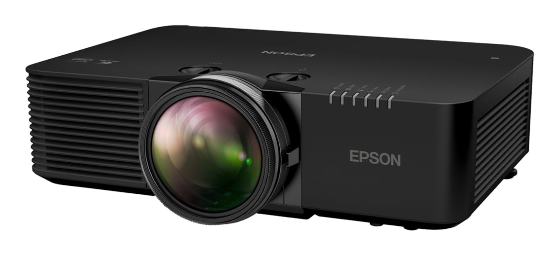A black Epson projector with a large prominent lens, status indicator lights, and cooling vents on a white background.