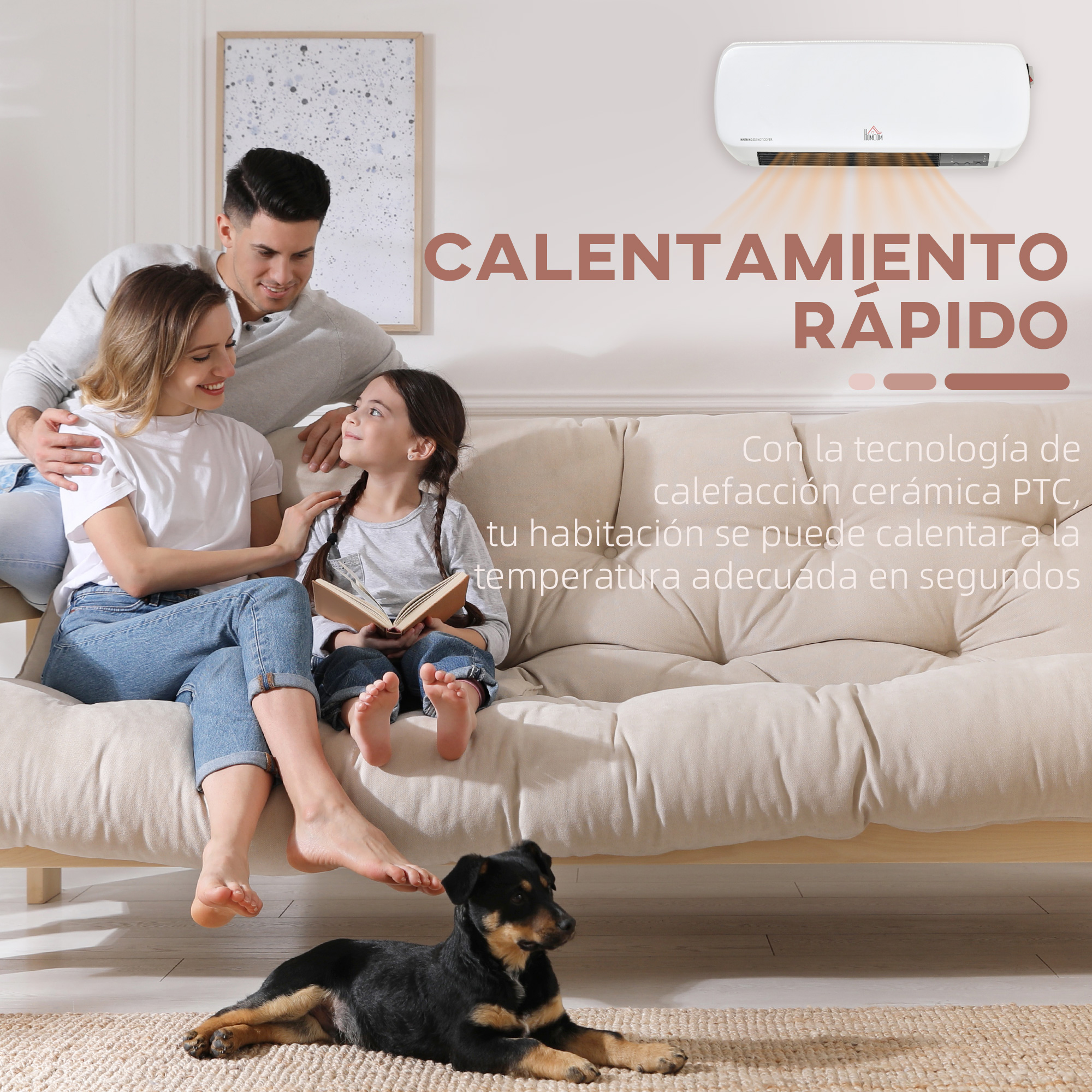 Una familia se sienta en un sofá con un perro abajo, mientras un calefactor de pared calienta arriba.