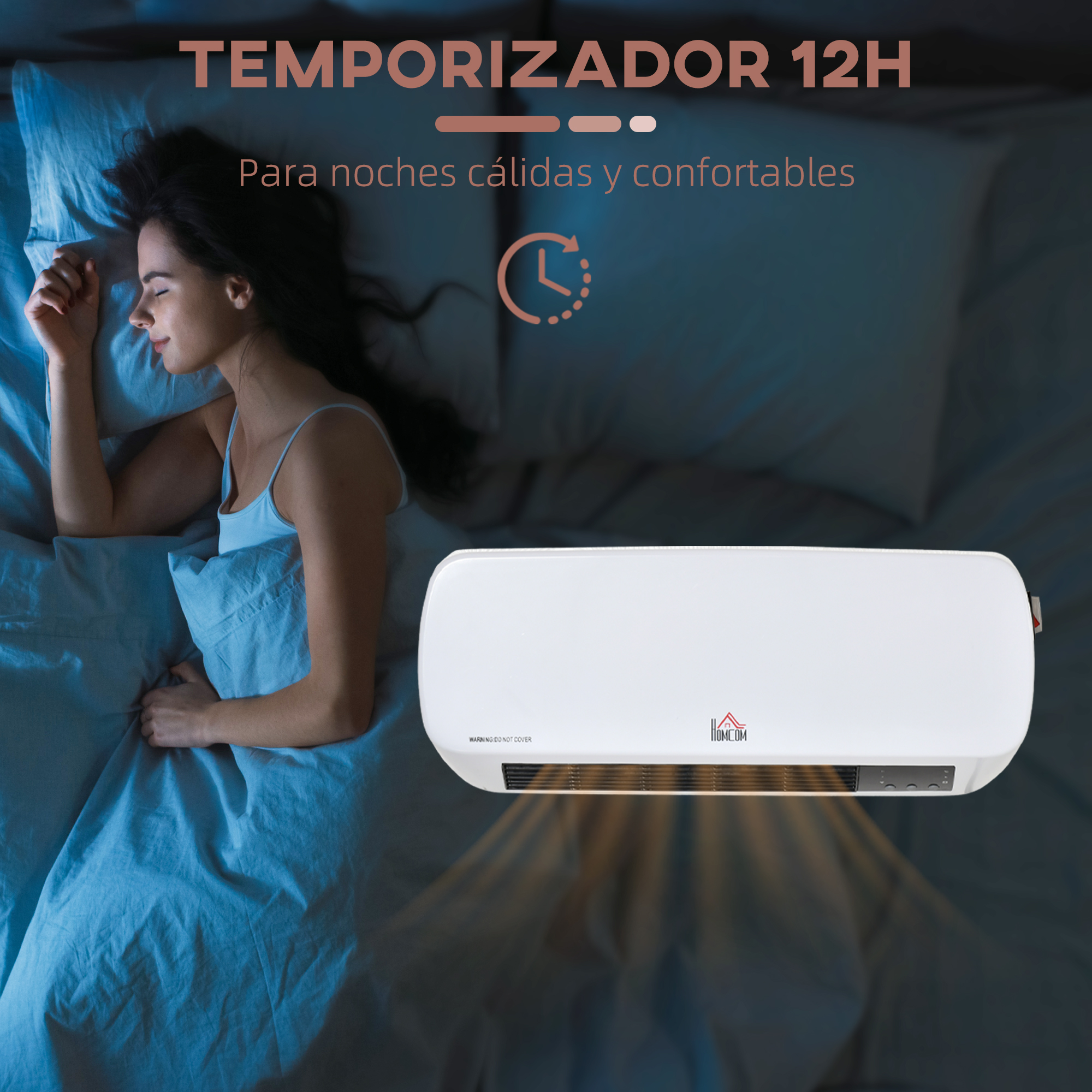 Una mujer duerme plácidamente en la cama junto a un calefactor blanco de pared.
