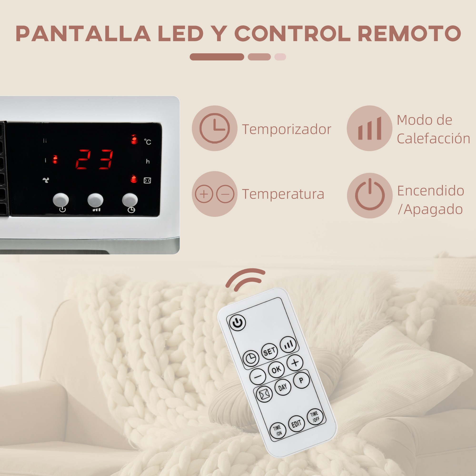 Pantalla LED y control remoto con iconos explicativos para temporizador, temperatura, modo y encendido.